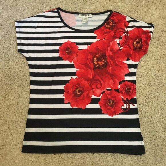 Cathy Daniels Striped + Red Flower Print Tee - Picture 9 of 13